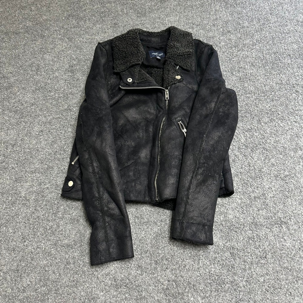 American Eagle Jacket Womens Size S Black Faux Suede Sherpa Lined Moto Biker Zip